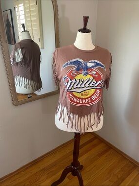 Miller high life Beer Fringed Crop Tee in Dusty Brown